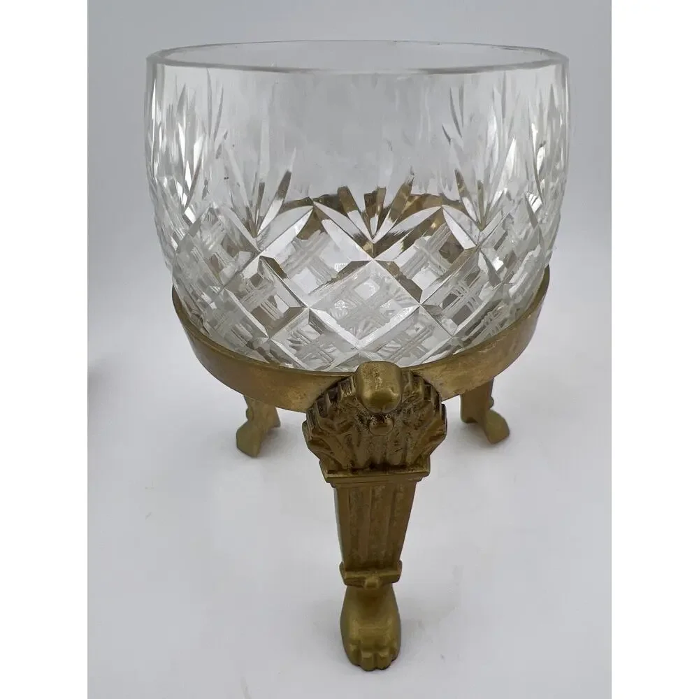 Cut Crystal Ball‎ Candle Holder Brass Small Votive Vintage Maximalist Decor